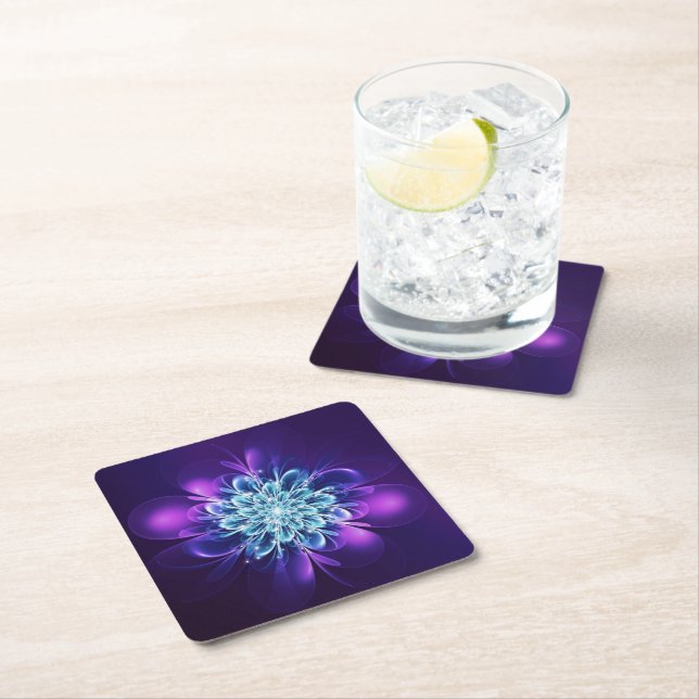 Glowing Flower Fractal Sparkles Indigo Square Paper Coaster (Insitu)