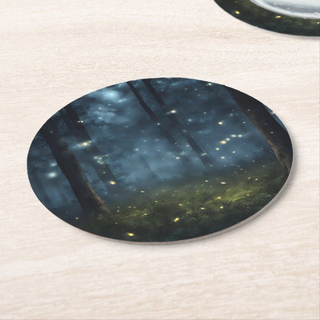 Glowing Forest Fireflies Round Paper Coaster (Angled)