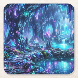 Glowing Forest with Lake Square Paper Coaster
