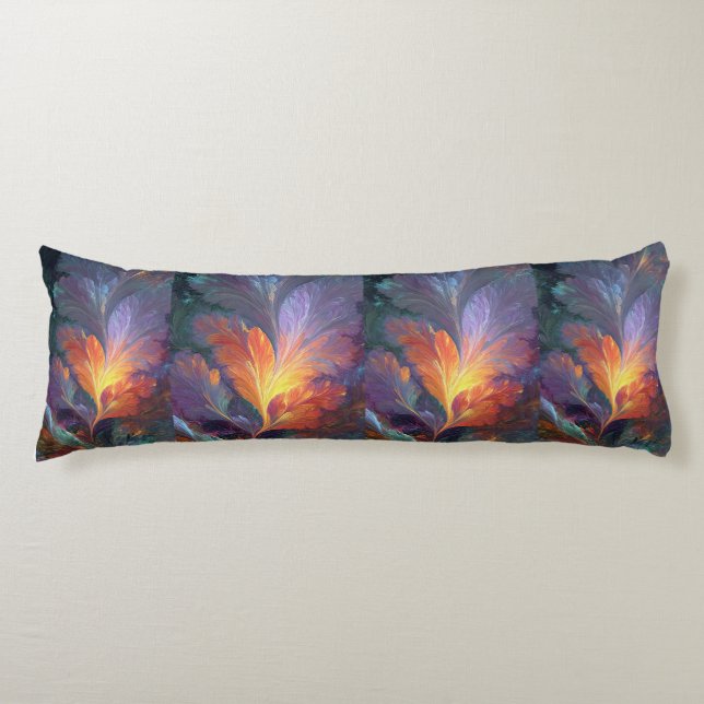 Glowing Fractal Feather Body Pillow – Abstract Art (Front)