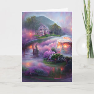 Glowing Gazebo Wispy Purple wisteria at the pond Card