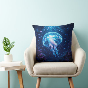 Glowing Giant Jellyfish in Ocean Depths Cushion