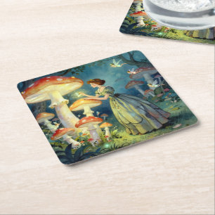 Glowing giant mushroom garden square paper coaster
