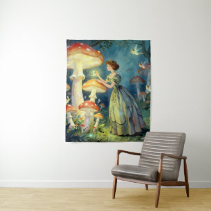 Glowing giant mushroom garden tapestry