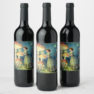 Glowing giant mushroom garden wine label