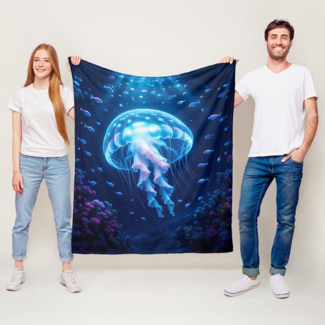 Glowing Giant Phantom Jellyfish in Ocean Depths Fleece Blanket (In Situ)