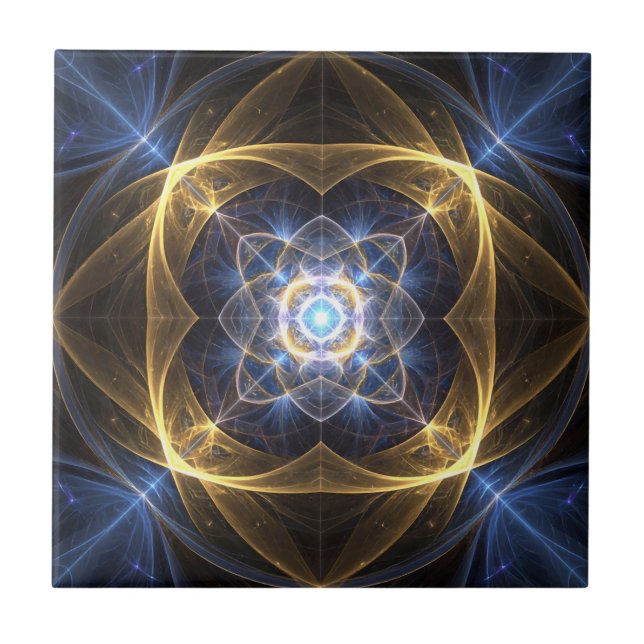 Glowing Gold Blue Fractal Tile (Front)