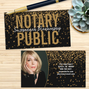 Glowing Gold Glitter On Black Custom Photo Notary Business Card
