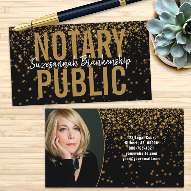 Glowing Gold Glitter On Black Custom Photo Notary Business Card (Creator Uploaded)