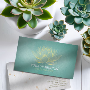 Glowing Gold Lotus and Teal Grunge Yoga Instructor Business Card