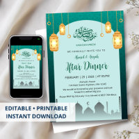 Glowing Golden Lanterns Teal Arch Iftar Invitation