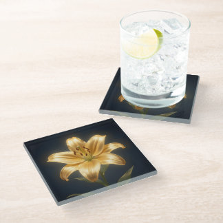 Glowing golden lily flower glass coaster