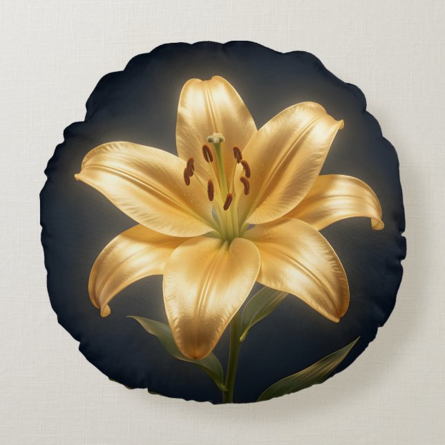 Glowing golden lily flower round cushion (Front)