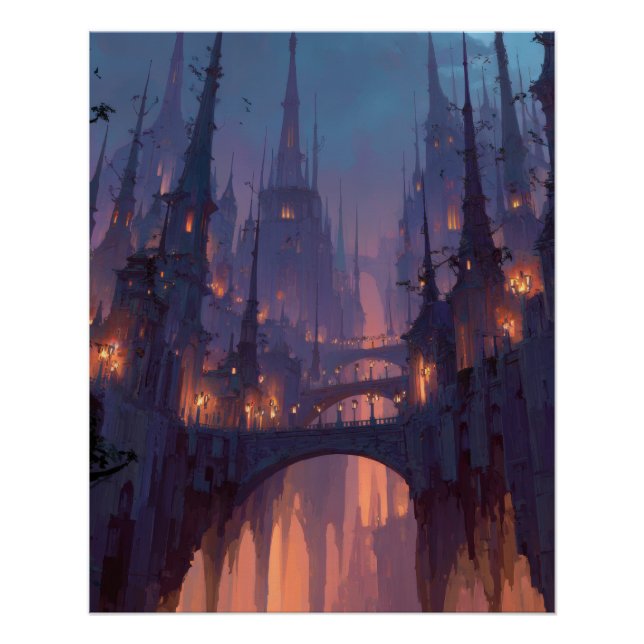 Glowing Gothic Spires in Misty Twilight Poster (Front)