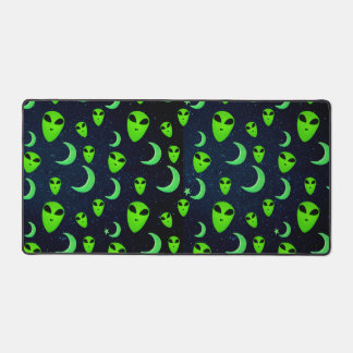 Glowing Green Aliens and Crescent Moons and Stars Desk Mat