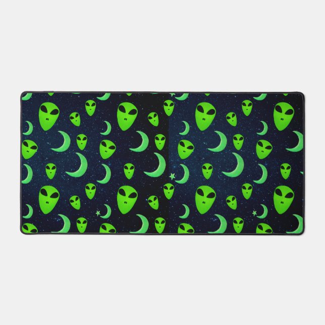 Glowing Green Aliens and Crescent Moons and Stars Desk Mat (Front)