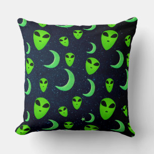 Glowing Green Aliens And Moons and Stars Cushion