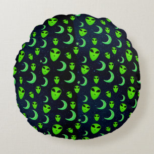 Glowing Green Aliens and Moons and Stars Round Cushion