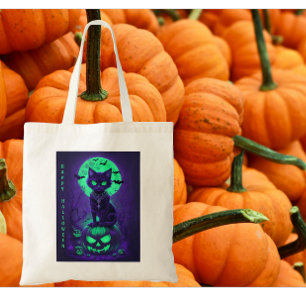 Glowing Green Eyes Black Cat Tote Bag