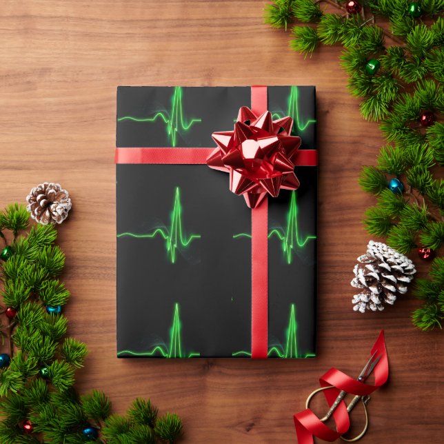 Glowing Green Heartbeat Pulse Abstract Wrapping Paper (Holiday Gift)