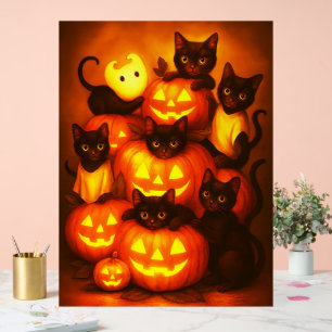 Glowing Halloween Pumpkin with Cute Black Cat Acrylic Sign