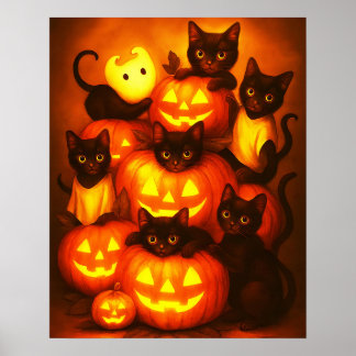 Glowing Halloween Pumpkin with Cute Black Cat Post Poster