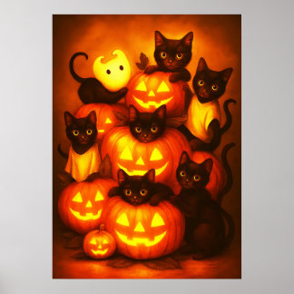 Glowing Halloween Pumpkin with Cute Black Cat Poster