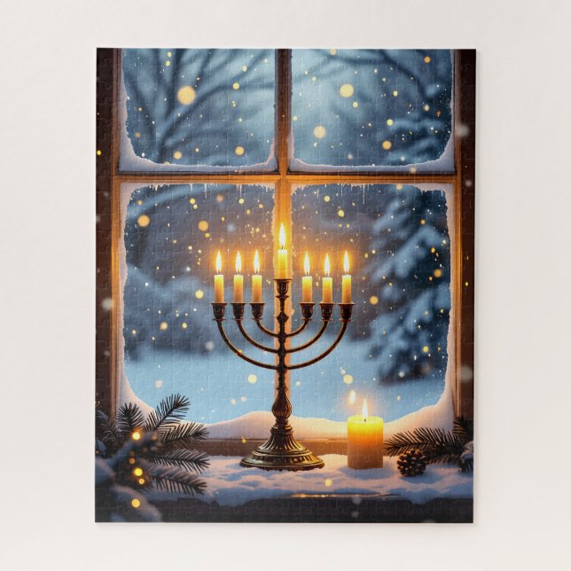 Glowing Hanukkah Menorah in a Snowy Winter Window Jigsaw Puzzle (Vertical)