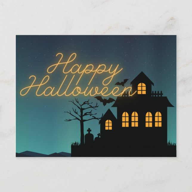 Glowing Happy Halloween Haunted House Postcard (Front)