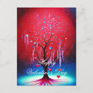 Glowing heart tree valentine postcard