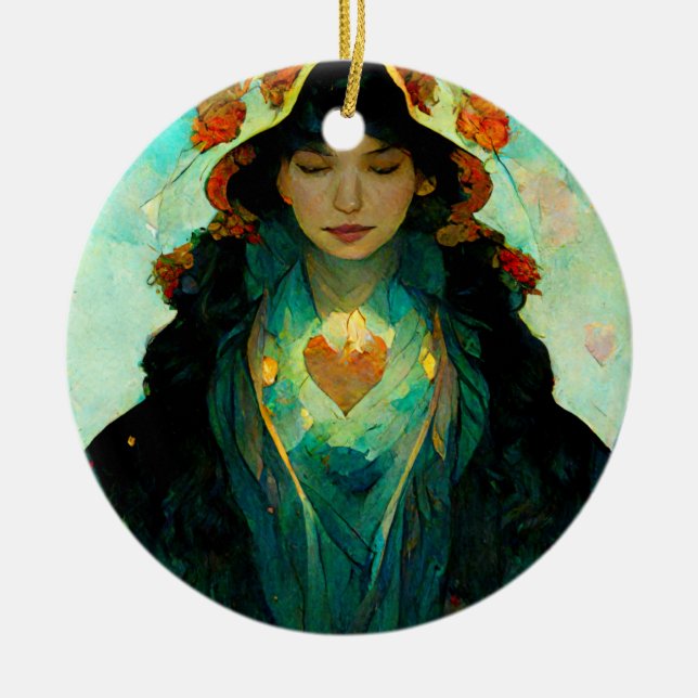 Glowing Heart Woman Fantasy Sci-Fi Ceramic Ornament (Front)