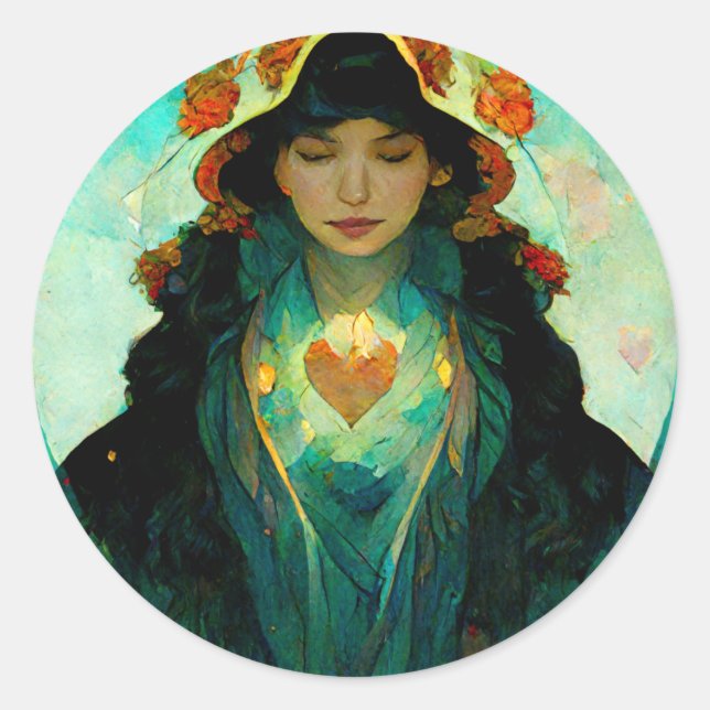 Glowing Heart Woman Fantasy Sci-Fi Classic Round Sticker (Front)