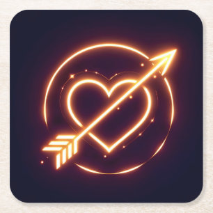 glowing image of a heart with cupid's arrow square paper coaster