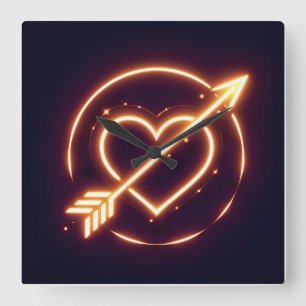 glowing image of a heart with cupid's arrow square wall clock
