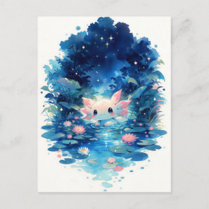 Glowing Indigo Forest Kawaii Axolotl Pond Postcard