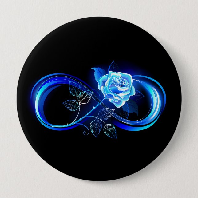 Glowing infinity with blue rose 10 cm round badge (Front)