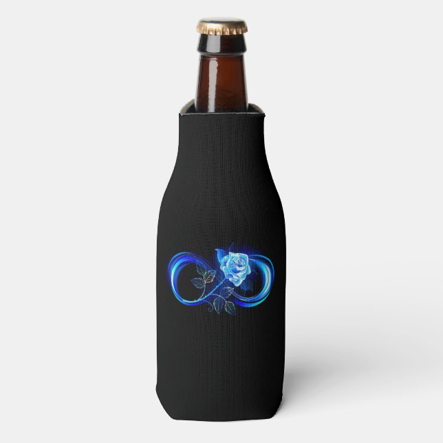 Glowing infinity with blue rose bottle cooler (Bottle Front)