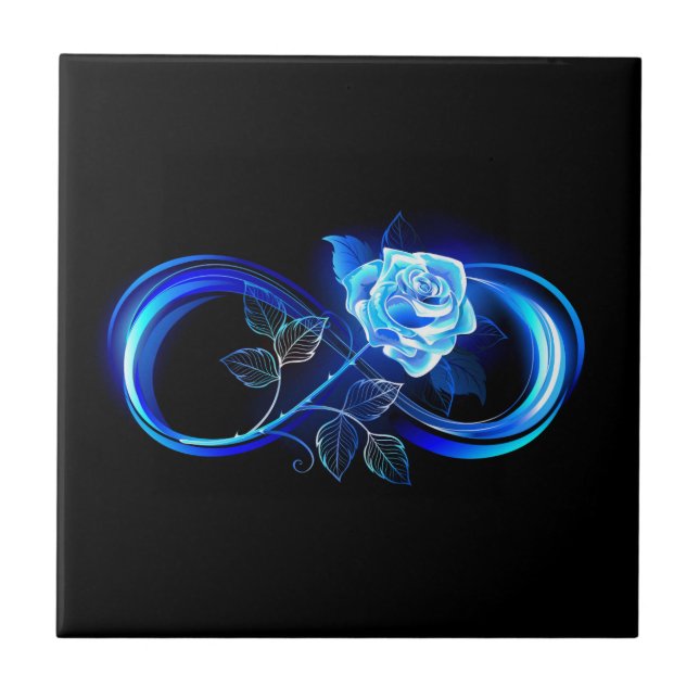 Glowing infinity with blue rose ceramic tile (Front)