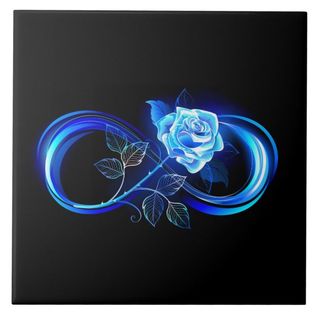 Glowing infinity with blue rose ceramic tile (Front)