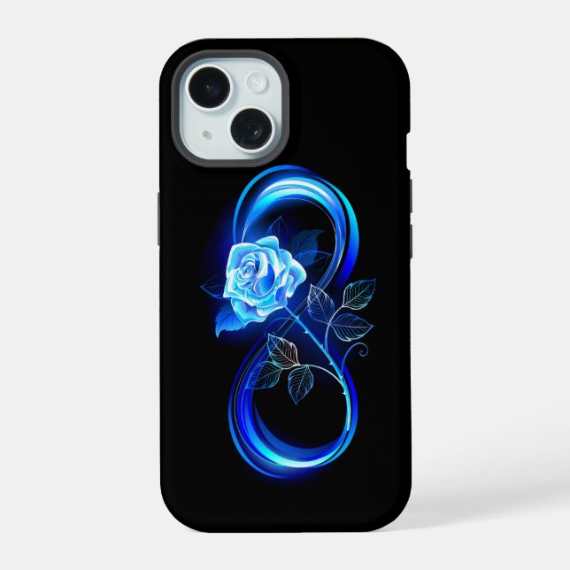 Glowing infinity with blue rose iPhone 15 case (Back)