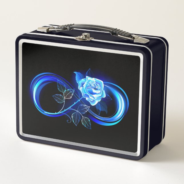 Glowing infinity with blue rose metal lunch box (Front)