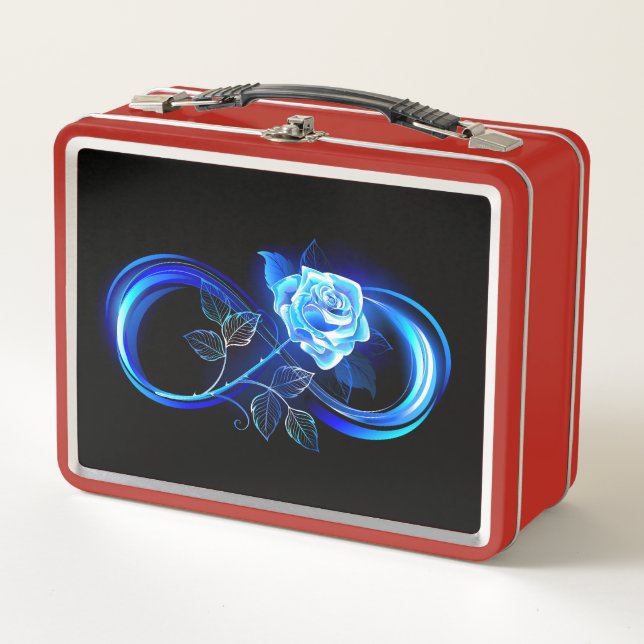 Glowing infinity with blue rose metal lunch box (Front)