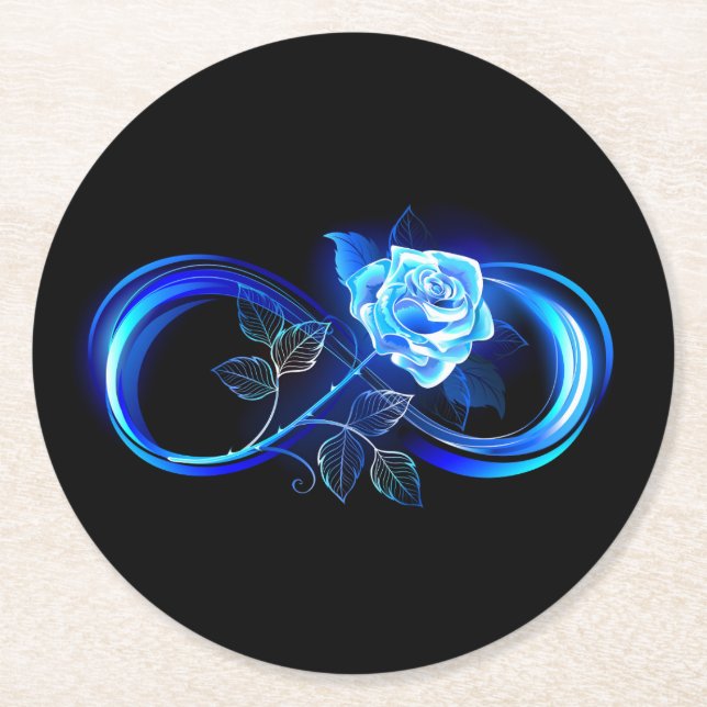 Glowing infinity with blue rose round paper coaster (Front)