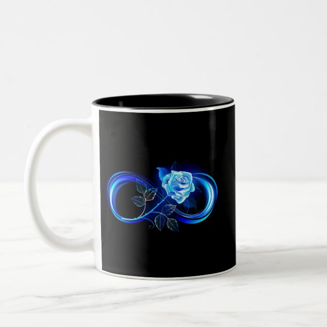 Glowing infinity with blue rose Two-Tone coffee mug (Left)