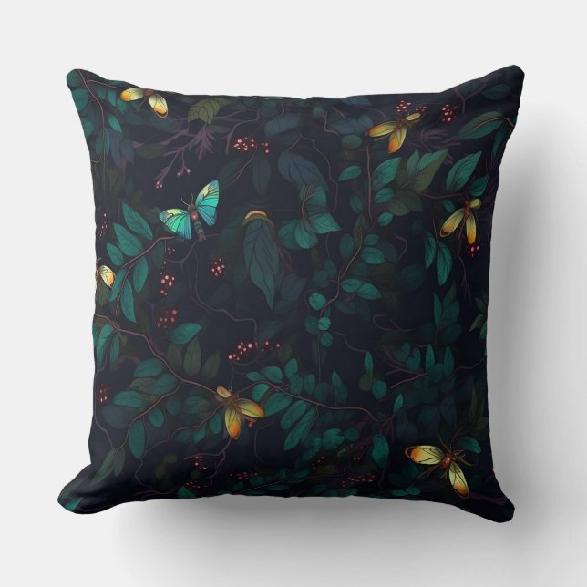Glowing Insects on Dark Foliage Cushion (Front)