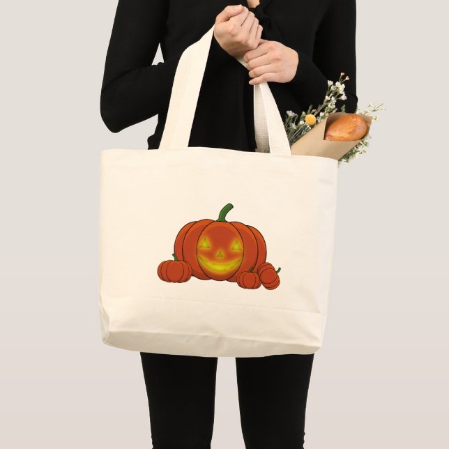Glowing Jack-o'-Lantern Pumpkin Large Tote Bag (Front (Product))