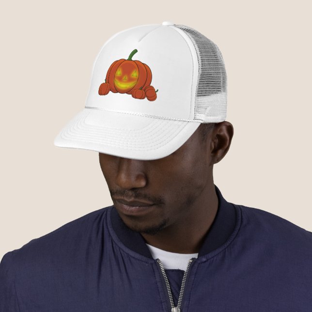Glowing Jack-o'-Lantern Pumpkin Trucker Hat (In Situ)