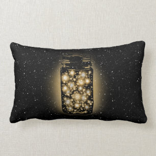 Glowing Jar Of Fireflies With Night Stars Lumbar Cushion