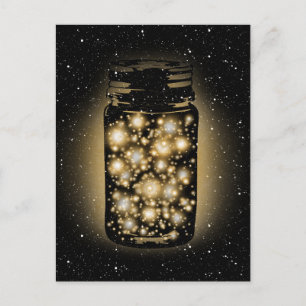Glowing Jar Of Fireflies With Night Stars Postcard