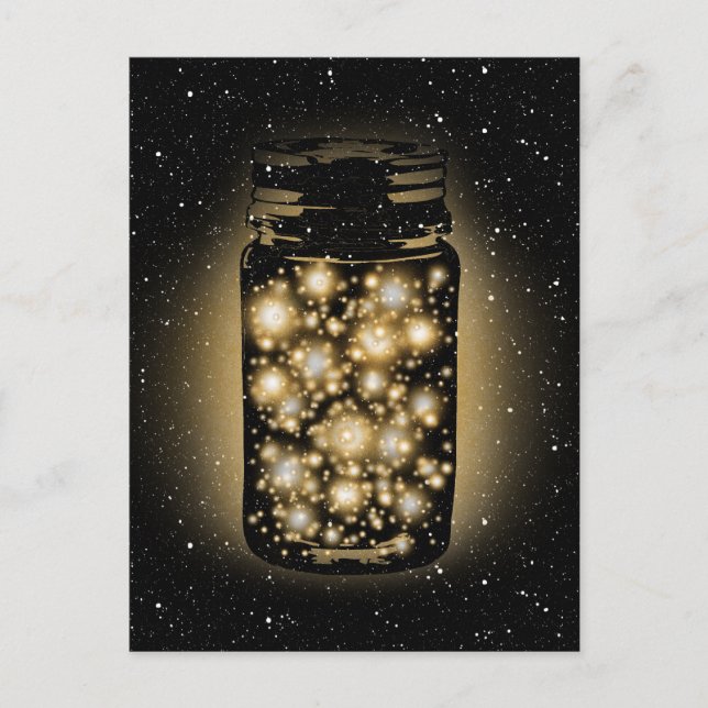 Glowing Jar Of Fireflies With Night Stars Postcard (Front)